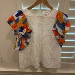 THML White Textured Top with Colorful Sleeves